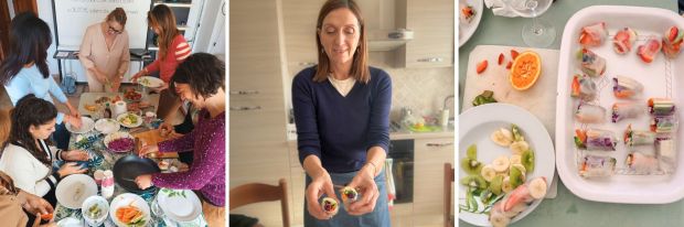 Addensanti naturali, energia del cibo e fermetati - Workshop in Sardegna, 15 Feb 2025 [banner] | Collage (mani in pasta e involtini crudi)