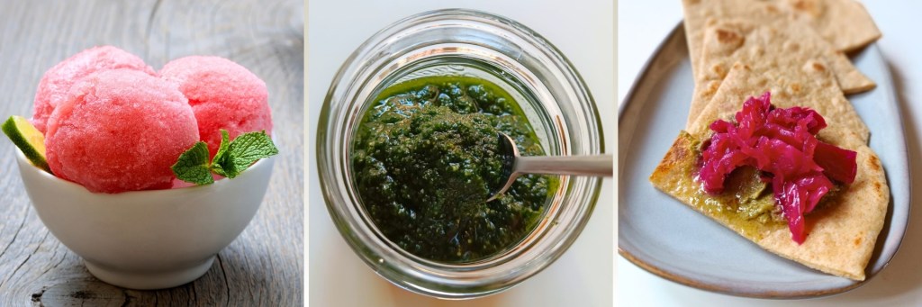 Sorbetto di fragole, pesto di barbe di carota e piadine al farro monococco | Aprile dell’ozio e dell’orto in trasferta… Apriti Sedano! 